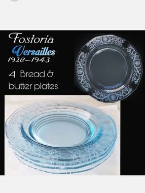4 Fostoria Versailles etched Azure blue 6" bread & butter plates No trim